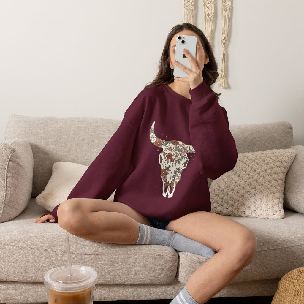 Floral Bull Skull Sweatshirt | Country Western Boho Crewneck