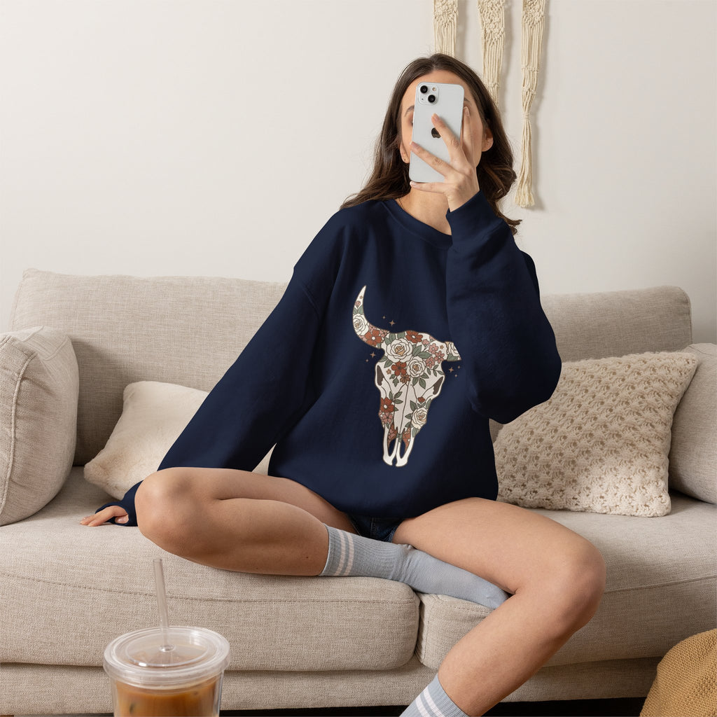 Floral Bull Skull Sweatshirt | Country Western Boho Crewneck