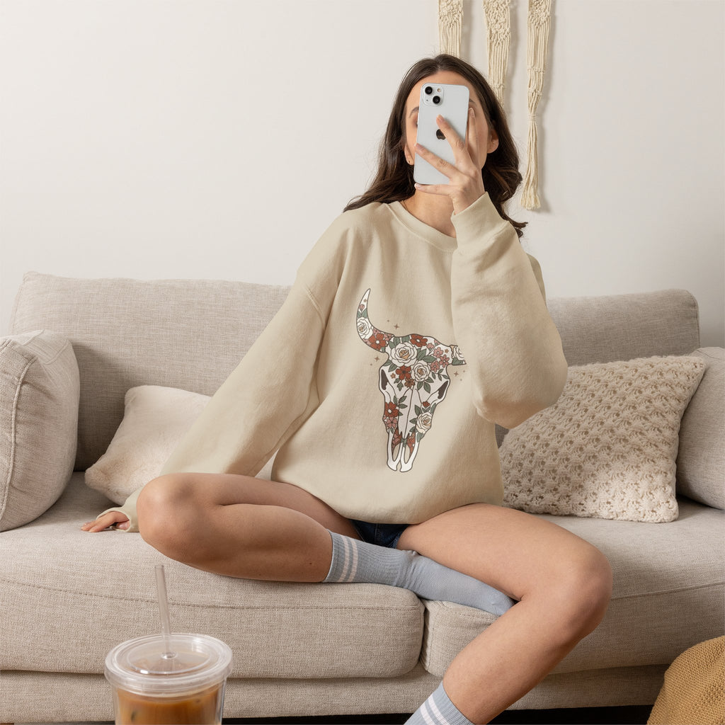 Floral Bull Skull Sweatshirt | Country Western Boho Crewneck