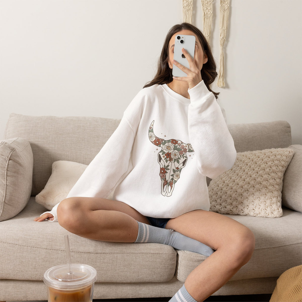Floral Bull Skull Sweatshirt | Country Western Boho Crewneck