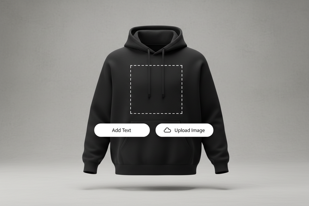 Single customizable hoodie mockup, dashed print area on chest, floating UI buttons “Add Text” and “Upload Image”, minimalist e-commerce style, neutral background, soft lighting, modern streetwear aesthetic, high resolution